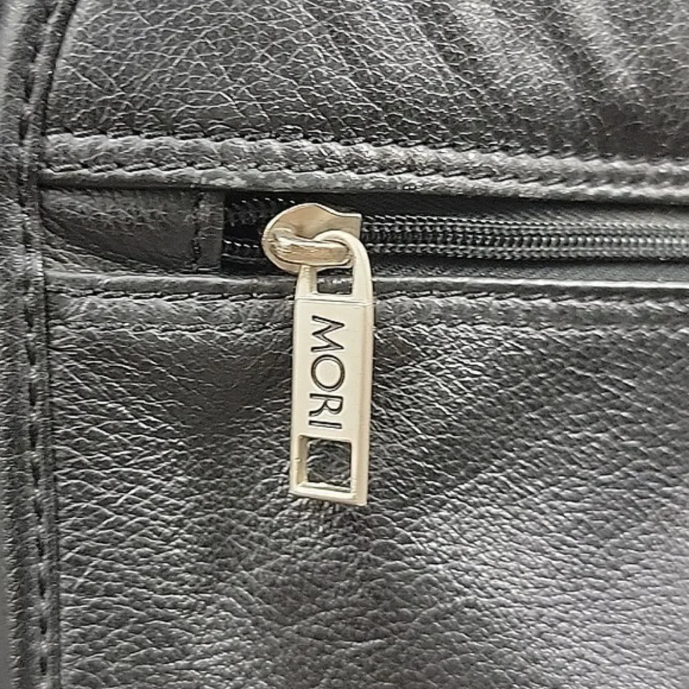 MORI Black Leather Briefcase / Computer Bag w/ Pockets, compartments, zippers